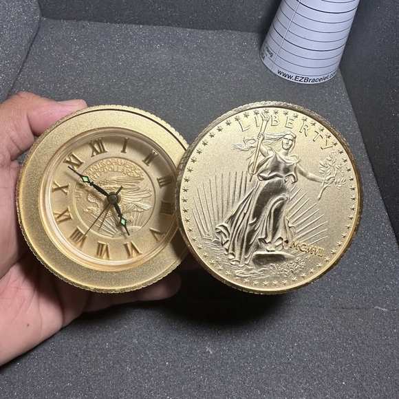 Bulova gold Tone Walking Liberty Coin Desk Travel Quartz Alarm Clock Working sho - Picture 1 of 8